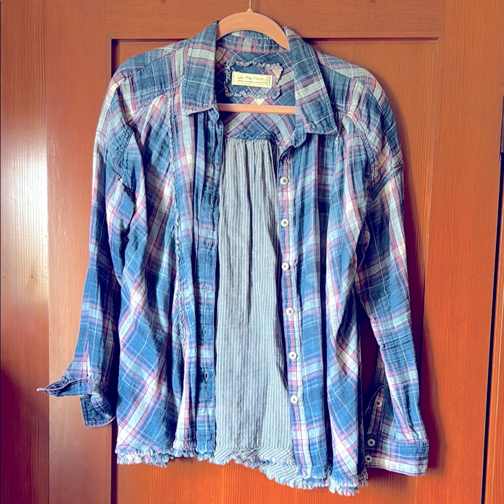 We The Free Blue Plaid Button-Up Shirt